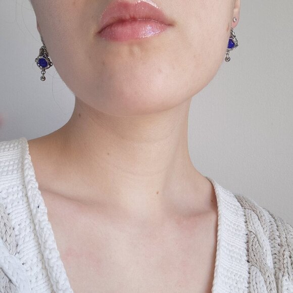 Whimsical Victorian Fairy silver earrings with bright royal blue caged pearls - Picture 5 of 8